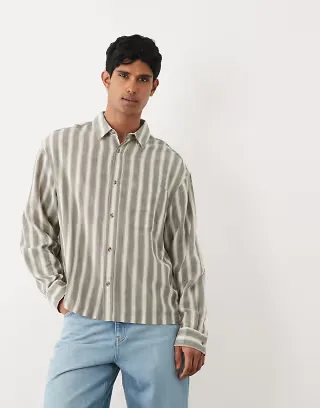 ASOS DESIGN oversized boxy striped shirt in khaki