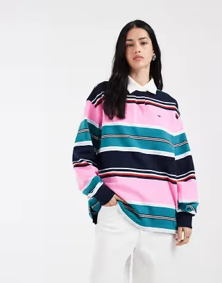 Tommy Jeans relaxed fit rugby shirt in pink/green stripe