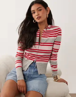 Cotton On everfine fitted hooded knit in petal red gray heather striped print
