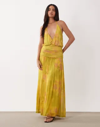 ASOS DESIGN printed mesh plunge neck gathered detail maxi dress in yellow abstract floral