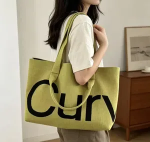 Womens Knitted Tote Bag with Letter Pattern - Wear-Resistant Large Capacity Shoulder Crossbody Purse, Solid Color Top Ha