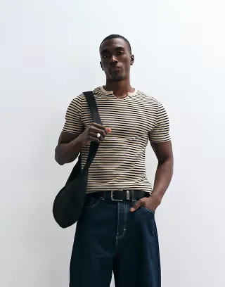 ASOS DESIGN heavyweight slim T-shirt in brown striped textured fabric