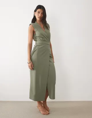 ASOS DESIGN belted wrap midi dress with shoulder pad in khaki scuba-style fabric