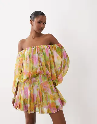 ASOS DESIGN blouson mini dress with split sleeve and volume godet skirt in floral print