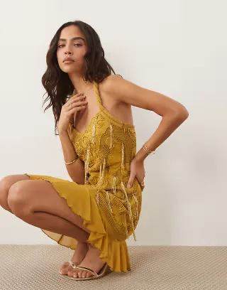 ASOS DESIGN fringe sequin halterneck mini dress in olive