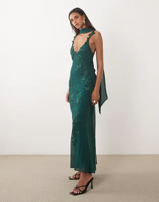 ASOS DESIGN Tall floral embellished cami maxi dress with scarf in dark green
