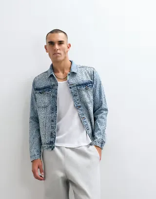 Courtside distressed denim jacket with rhinestone embellishments in light wash blue