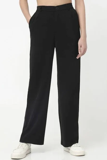 Kraus Black Solid Wide Leg Trousers
