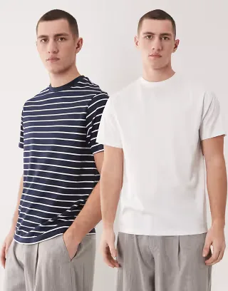 ASOS DESIGN Essentials 2 pack regular fit T-shirts in white and navy stripes