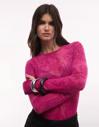AFRM Kaylee mesh crew neck long sleeve tee in fuchsia paisley print