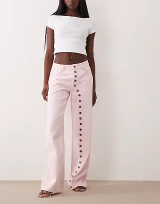Lioness Penny asymmetric button detail relaxed leg jeans in pink