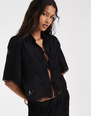 ONLY embroidery detail tie front top in black - part of a set