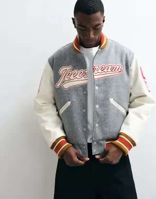 ICECREAM collegiate varsity jacket in gray and white