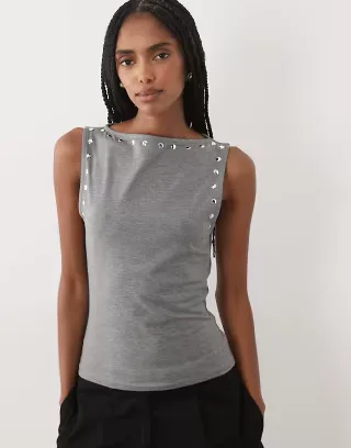 ASOS DESIGN tank top with stud details in heather gray