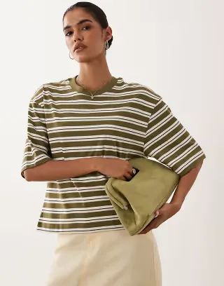 Gina Tricot short sleeve boxy tee in green striped print