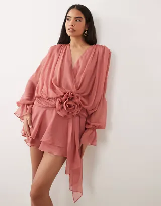 ASOS LUXE V neck skater dress with corsage waist detail in dusky rose