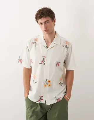 ONLY & SONS short sleeve shirt in white with floral embroidery