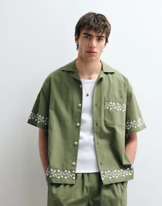 ASOS COLLECTIVE relaxed fit cotton-linen blend embroidered shirt in khaki green - part of a set