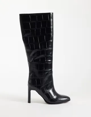 ASOS DESIGN Claribel heeled pull on knee boots in black croc