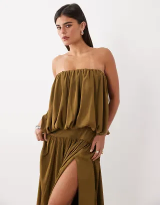 ASOS DESIGN bubble bandeau full skirt maxi dress in deep olive