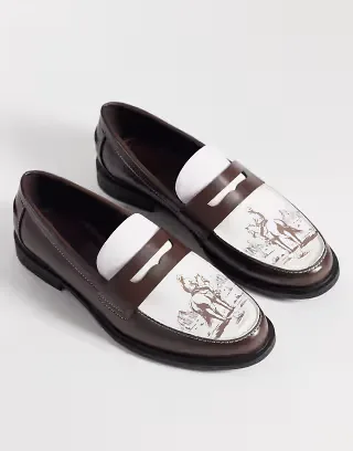 ASOS DESIGN penny loafers with western graphic in brown and cream