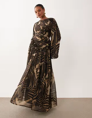 ASOS DESIGN crinkle chiffon gathered maxi dress with micro ruffles in black neutral abstract print
