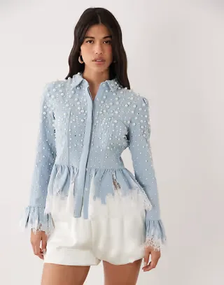 ASOS LUXE Peplum denim corset shirt with lace and pearl detail in light blue