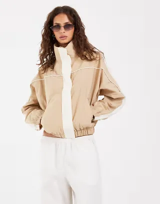 ASOS DESIGN funnel neck windbreaker jacket in beige - part of a set