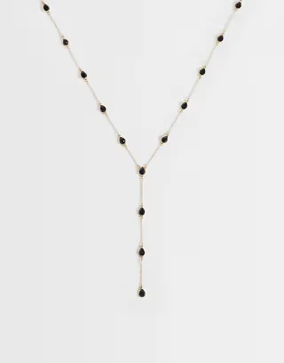 ASOS DESIGN long lariat necklace with multi stone detail in gold tone