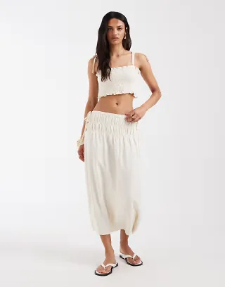ASOS DESIGN linen blend shirred set in ivory