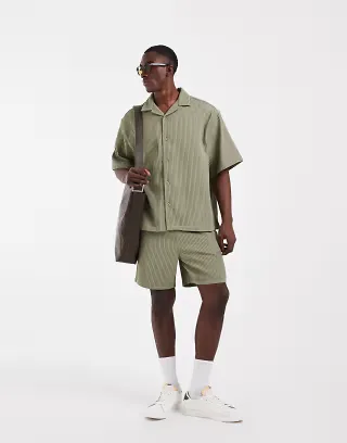 ASOS DESIGN oversized revere plisse shirt in khaki - part of a set
