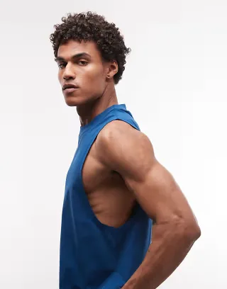 4505 Icon dropped armholes cotton training tank top with quick dry finish in deep blue