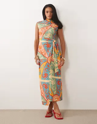 Never Fully Dressed Lucy textured short sleeve tie front midi dress in kaleidoscope print