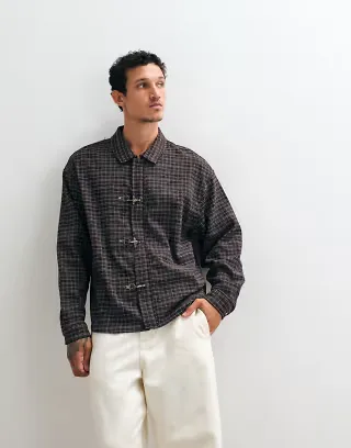 Liquor N Poker fireman buckle flannel shirt in brown