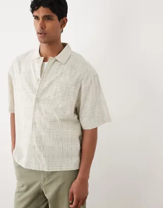 ASOS DESIGN boxy oversized plaid shirt in stone