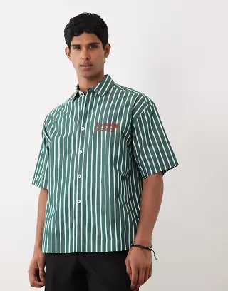 ASOS DESIGN boxy oversized striped shirt with chest embroidery in green