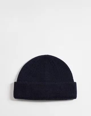 ASOS DESIGN knitted rib mini fisherman beanie in navy