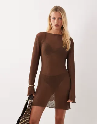 ASOS DESIGN beach knit boucle scoop back mini dress in chocolate