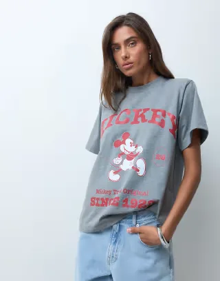 ASOS DESIGN Disney oversized shoulder pads t-shirt with Mickey Mouse varsity print in heather gray