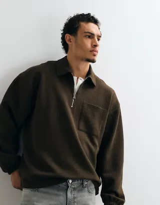 ASOS DESIGN oversized half zip polo in brown