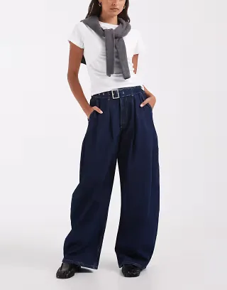 ASOS DESIGN belted barrel leg jean in dark blue