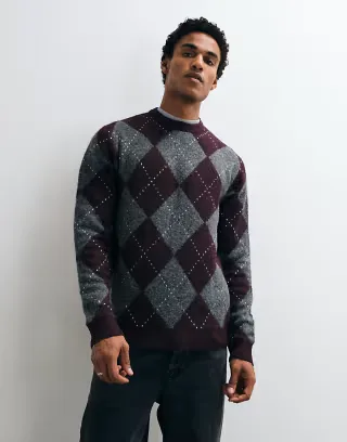 Brave Soul crew neck knitted sweater in burgundy argyle print
