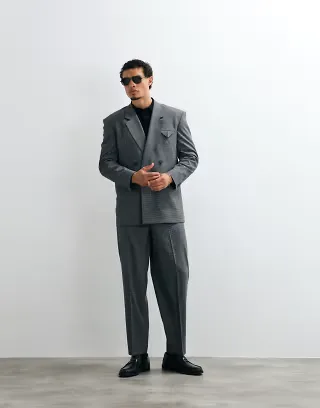 ASOS DESIGN double breasted square shoulder relaxed suit in charcoal microcheck