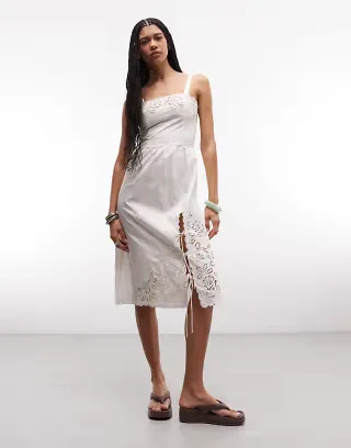 Monki floral broderie midi dress in white