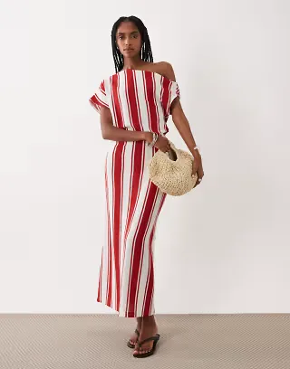 ASOS DESIGN off shoulder with pleat midi dress in striped print