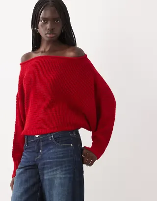 ASOS DESIGN knitted slouchy off shoulder sweater in red