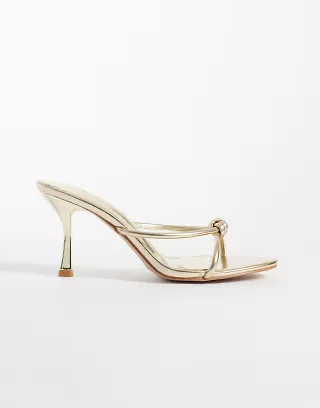 Simmi London Maribel Wide Fit heeled mule sandals with knot in gold metallic