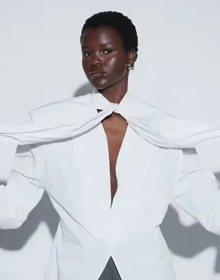 ASOS DESIGN TTYA poplin shoulder pad tie detail shirt in white