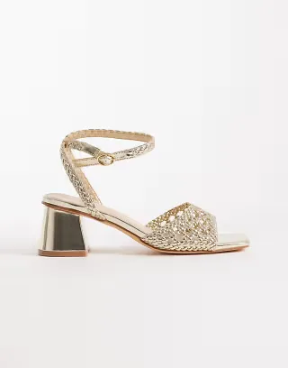 London Rebel Wide Fit Anita block heel woven sandals in gold