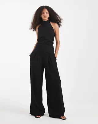 ASOS DESIGN linen blend wide leg pleated front pants in black - part of a set